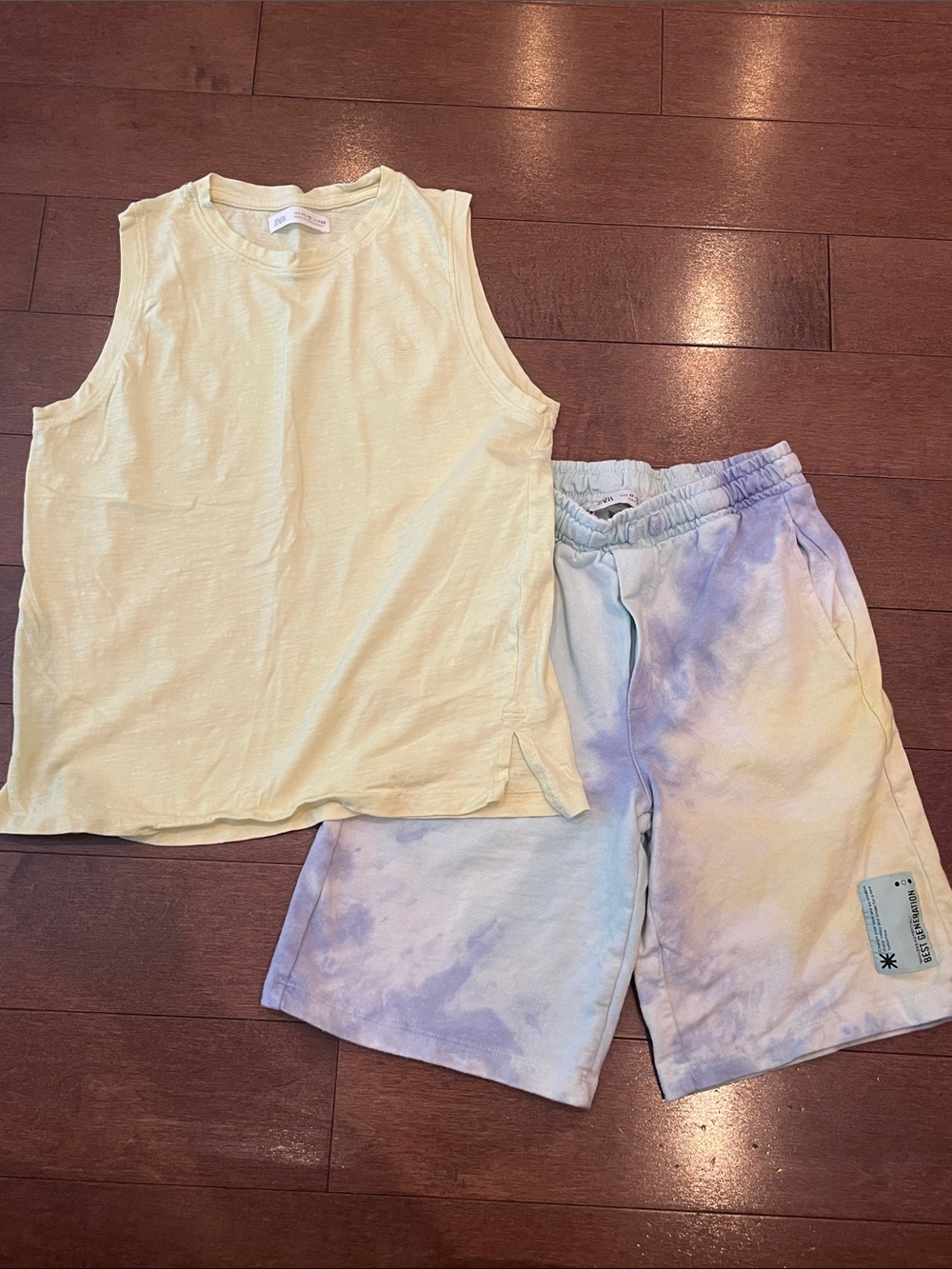 Zara Yellow Tank Top with Pastel Tie-Dye Shorts